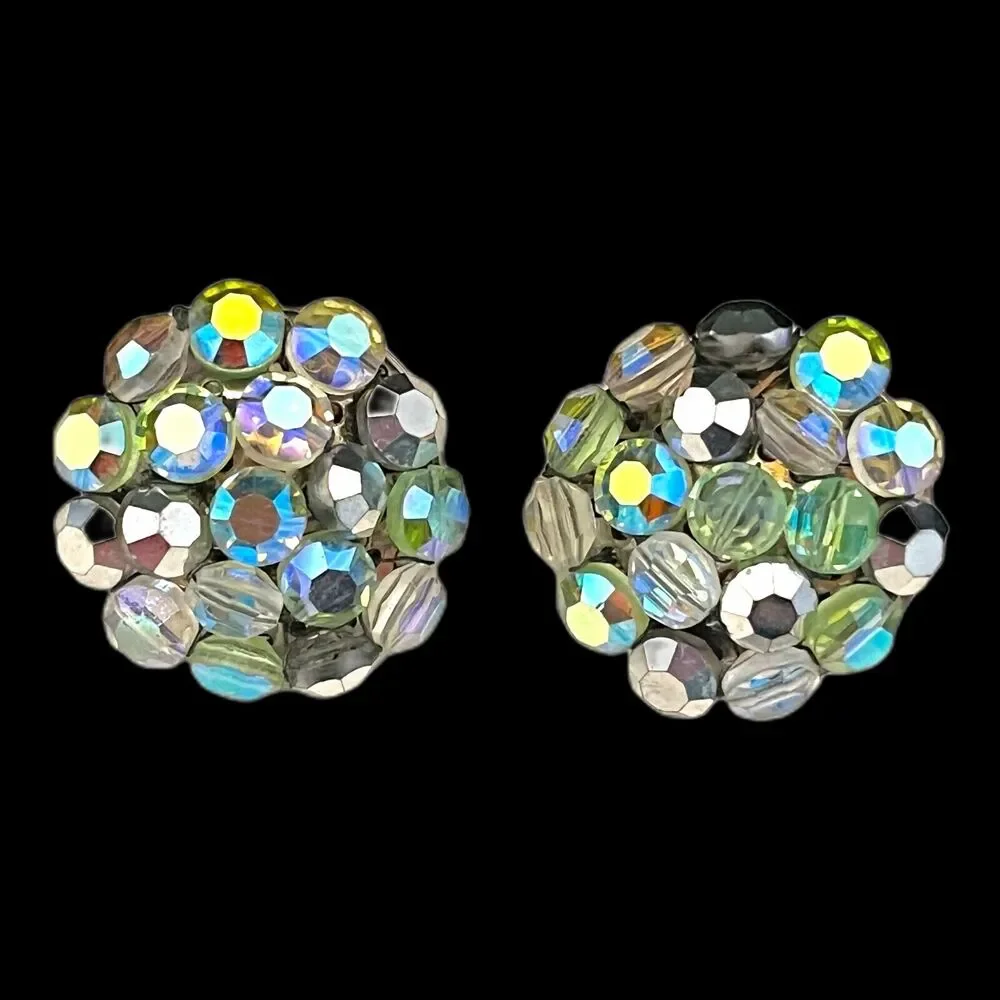 Vintage 1950s Vogue Clip Earrings AB Crystal Bead Cluster - 1D